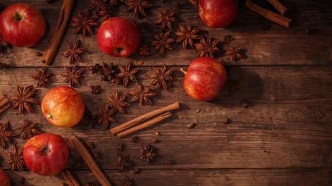 Slow cinematic pan across rustic wooden table showing red apples, star anise and cinnamon sticks