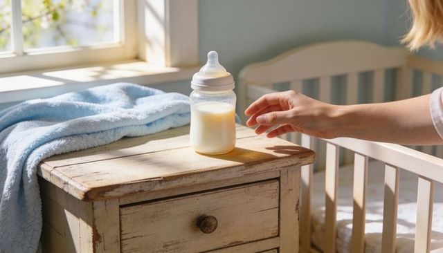 Caregiver reaching for baby bottle on vintage wooden nightstand in sunlit nursery morning