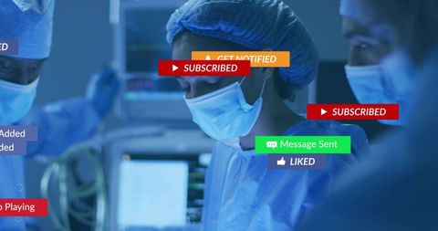 Surgical team performing operation in or with social media notification overlays