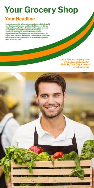 Smiling friendly grocer holding wooden box with fresh vegetables in brightly lit grocery store. Ideal for promoting local grocery stores, farm-fresh produce, organic lifestyle, community businesses, healthy eating, and personable customer service in marketing materials and advertisements.