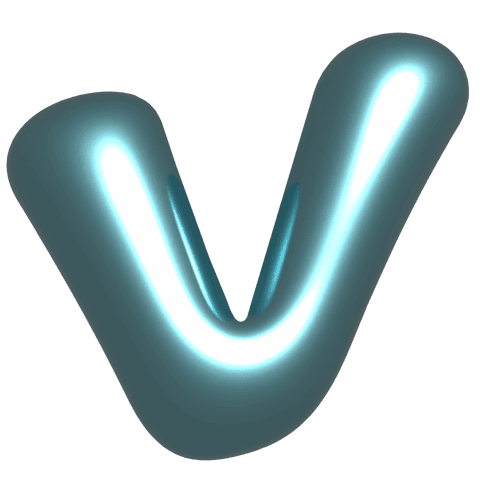 Glossy 3d tubular v floating on transparent backdrop glowing cyan stripe neon teal reflections
