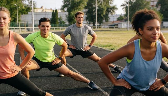 Group stretching with side lunges on outdoor track training together in athletic wear
