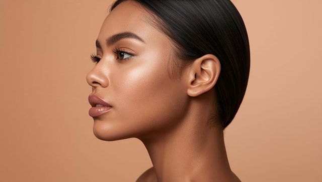 Asian woman left profile showcasing luminous skin, sleek hair, glossy makeup
