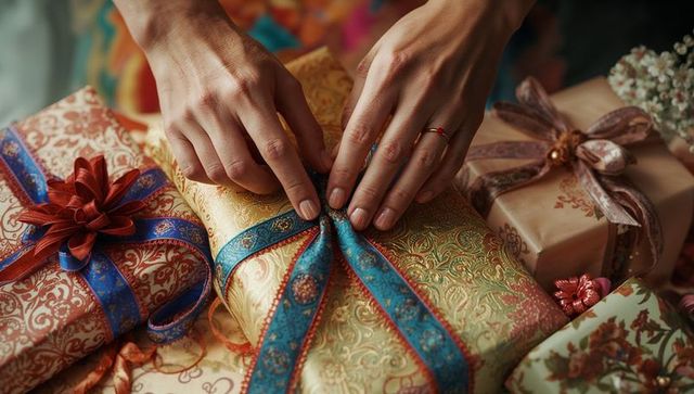Hands wrapping beautifully decorated gifts for celebration