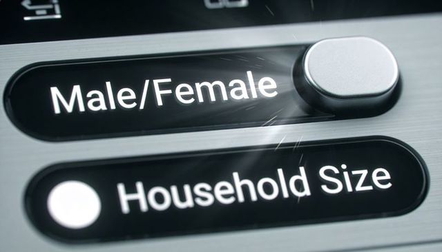 Brushed-metal kiosk control panel showing male/female and household size selectors with silver knob