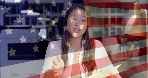 American Businesswoman Speaking with Superimposed USA Flag