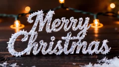Zooming in revealing frosted Merry Christmas sign on rustic wood with warm bokeh lights