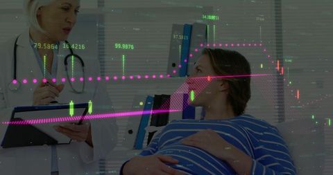 Pregnant Woman Receiving Medical Consultation in Clinic with Data Overlay