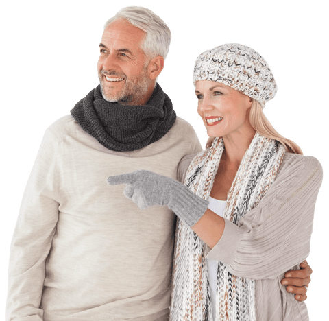 Happy senior couple enjoying winter walk in stylish outerwear on transparent background