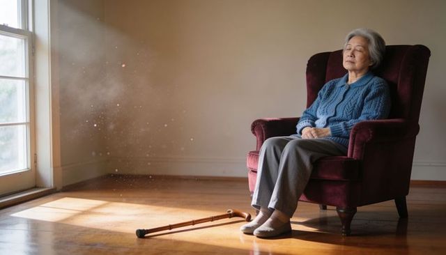 Senior woman sitting in sunlit armchair with cane on hardwood floor, serene reflection