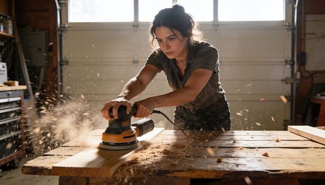 Female woodworker sanding long plank with orbital sander in sunlit garage workshop