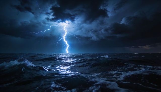 Lightning striking ocean at night, illuminating turbulent waves and storm clouds