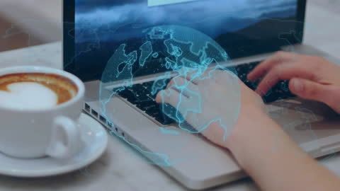 Spinning Globe Hologram Laptop at Cafe Showing Global Connectivity