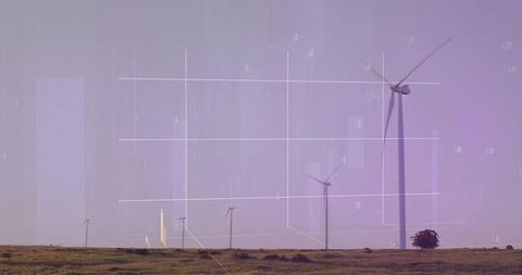 Wind turbines on grassland with purple data overlay showing renewable energy analytics