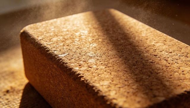 Cork yoga block catching warm golden sunlight and casting diagonal shadow with dust specks