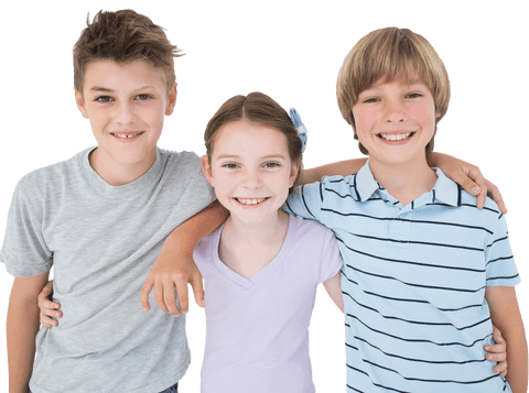 Happy siblings smiling with arms around each other on transparent background