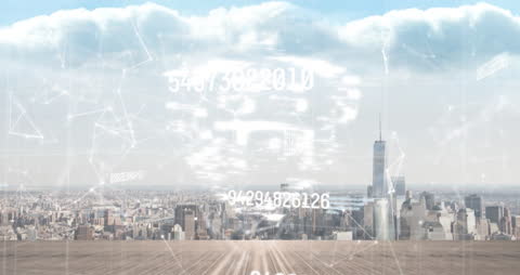 Digital Data Encryption Over Cityscape with Padlock Symbol