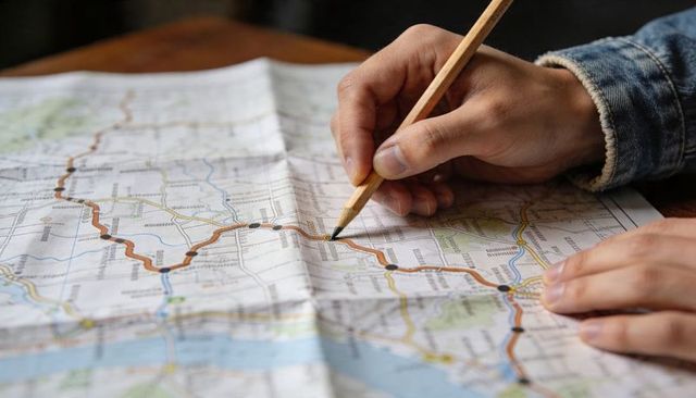 Hands Tracing Road Route with Pencil on Folded Map for Road Trip Planning