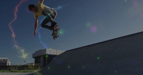 Skateboarder Performing Stunt with Dynamic Light Streaks