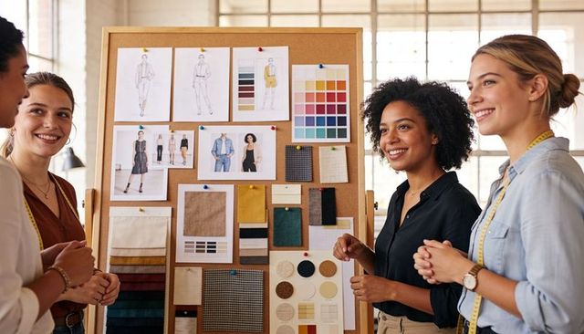 Fashion team reviewing moodboard with sketches, fabric swatches and color palettes