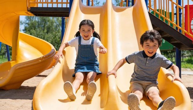Children sliding down yellow double slide laughing together on sunny playground, summer fun