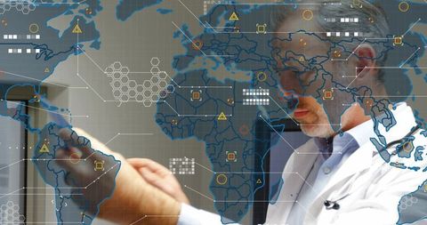 Doctor examining tablet using global digital health interface overlay for telemedicine