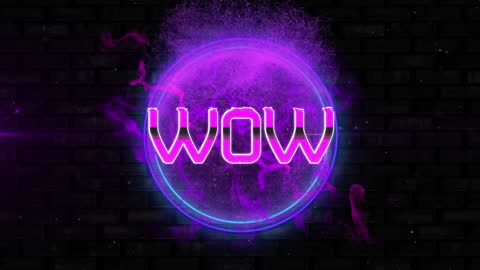 Neon Purple WOW Text on Black Brick Urban Background