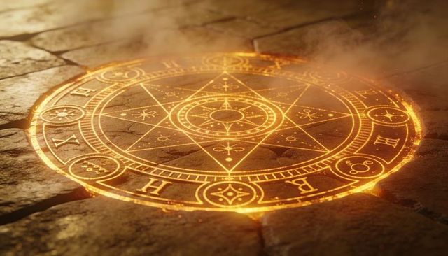 Glowing golden magic circle projecting over cracked flagstone floor with smoke and embers