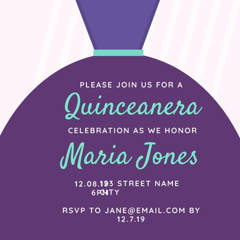 Elegant quinceañera invitation with purple dress design