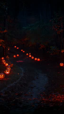 Moving through dark forest trail lined with glowing carved jack-o'-lanterns | Vertical Halloween vid