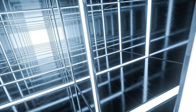 Led-lit mirrored tunnel with geometric square frames and infinite chrome reflections