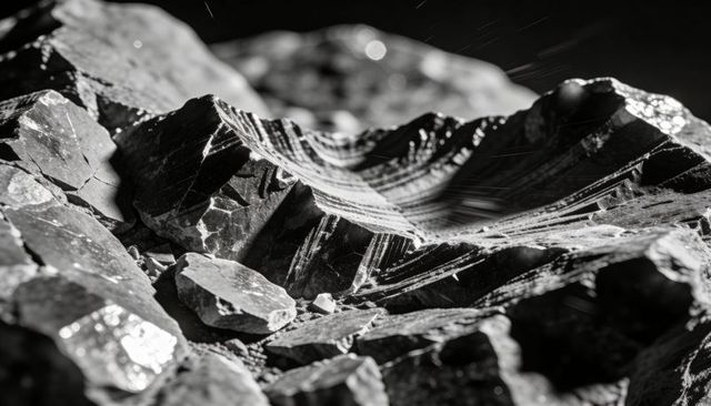 Sunlit layered shale outcrop with curved grooves and reflective mineral striations