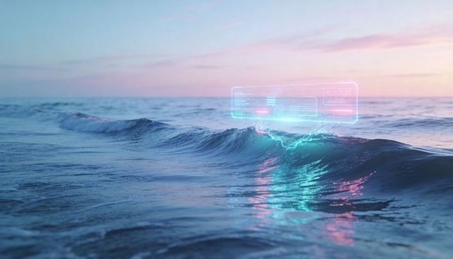 Cresting ocean wave reflecting neon cyan and magenta with futuristic holographic interface
