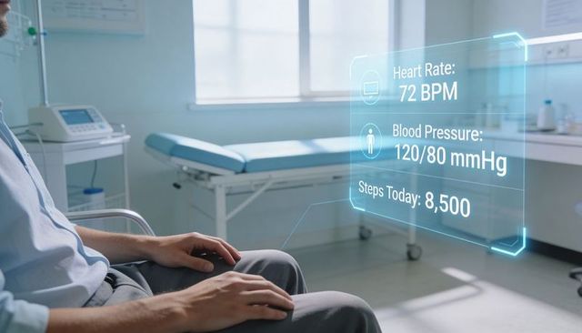 Senior patient sitting in clinic viewing holographic vitals panel showing heart rate and bp