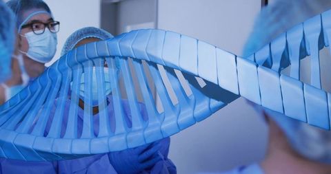 Medical team studying holographic dna helix while analyzing genomic data in clinical lab