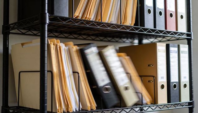 Office shelving holding manila folders and ring binders, records organization and storage