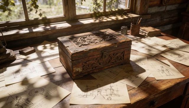 Dappled Sunlight Casting Leaf Shadows on Rustic Workbench with Carved Box and Sketches