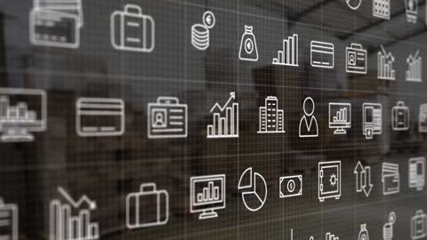 Futuristic finance and technology icons projected on digital screen with cityscape background. Ideal for illustrating concepts in fintech, modern economy, business technology integration, and data analysis in urban settings. Useful for presentations, reports, blogs, or educational materials on digital finance and urban technological developments.
