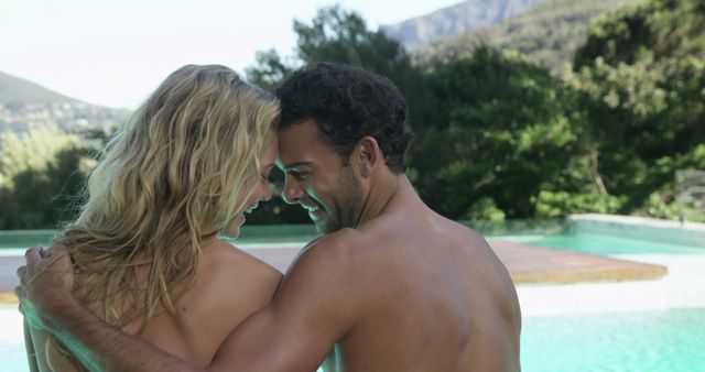 Romantic Couple Embracing by Pool Outdoors - Download Free Stock Images Pikwizard.com