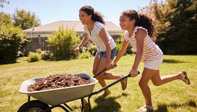 Mother and daughter pushing wheelbarrow with mulch in sunlit backyard playing and gardening