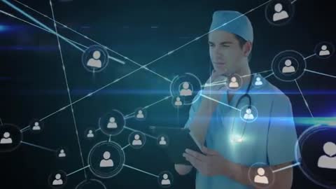 Doctor Analyzing Holographic Medical Network Interface