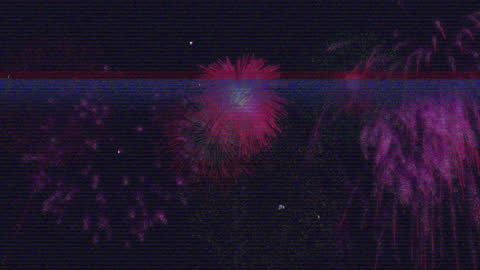 Digital Glitch Fireworks Burst in Night Sky