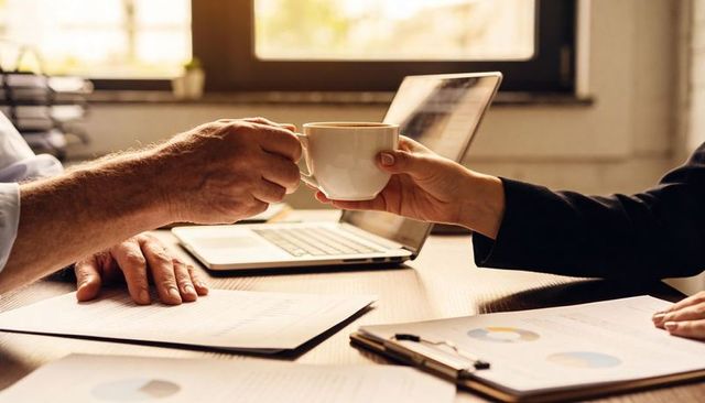 Handing coffee across desk during morning meeting, casual teamwork and office collaboration