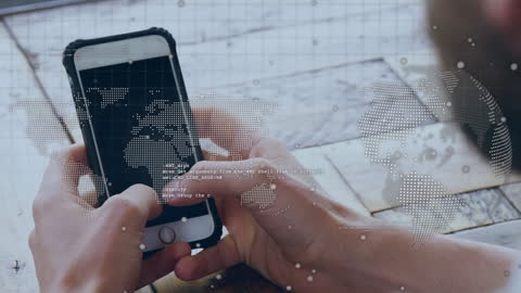 Hands Typing on Smartphone with Digital World Map Overlay