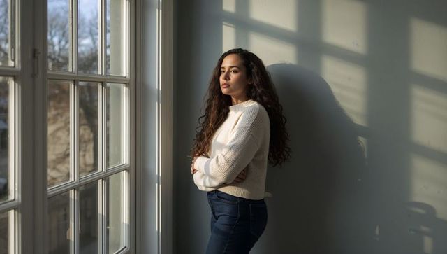 Leaning contemplative woman by multi-pane window casting warm grid shadows