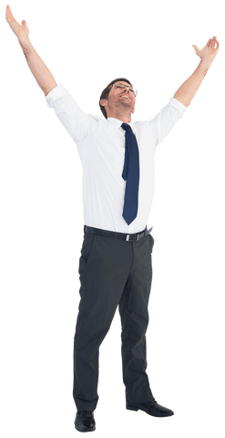 Transparent joyful businessman with arms raised in celebration