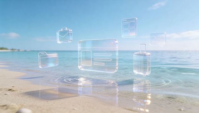 Holographic ui icons hovering over serene beach with browser card suitcase and chat bubble