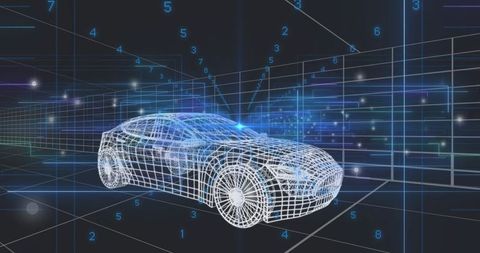 Futuristic Wireframe Car in Digital Grid with Floating Numbers