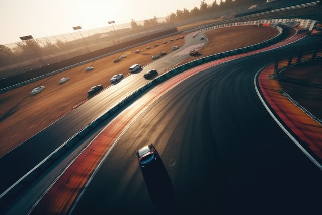 Aerial view of cars in car race track, created using generative ai technology. Car racing, sports and competition concept digitally generated image.