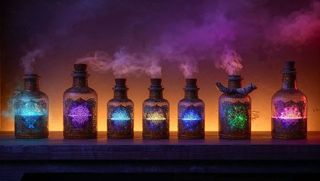 Mystical glowing bottles with colorful smoke in fantasy workshop